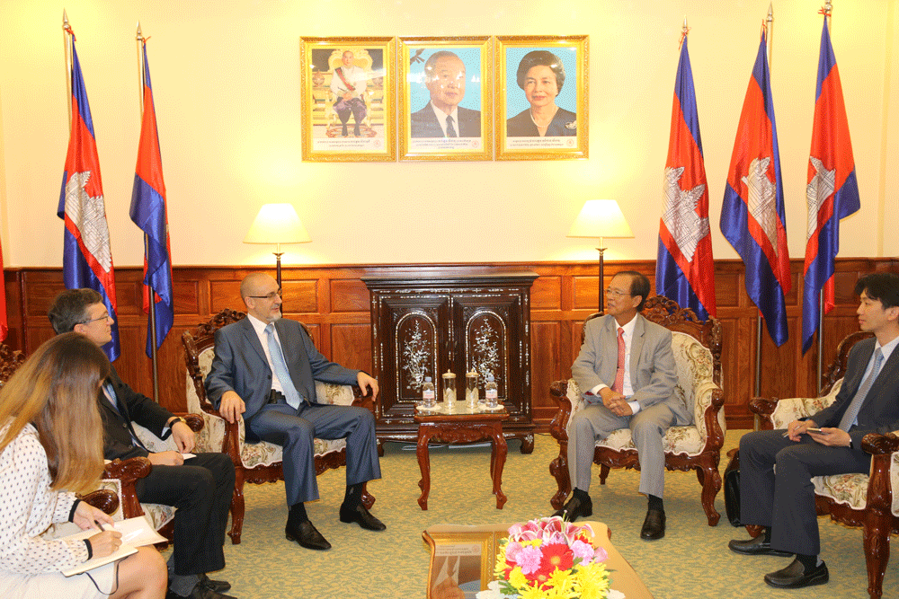 A Courtesy Call on H.E. Minister Tram Iv Tek by H.E. Valery KHODZHAEV, the Russian Federation Ambassador to Cambodia.