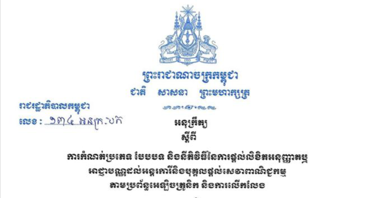 អនុក្រឹត្យស្តីពី ការកំណត់ប្រភេទ បែបបទ និងនីតិវិធីនៃការផ្តល់លិខិតអនុញ្ញាតឬអាជ្ញាបណ្ណដល់អន្តរការីនិងបុគ្គលផ្តល់សេវាពាណិជ្ជកម្មតាមប្រព័ន្ធអេឡិចត្រូនិក និងការលើកលែង